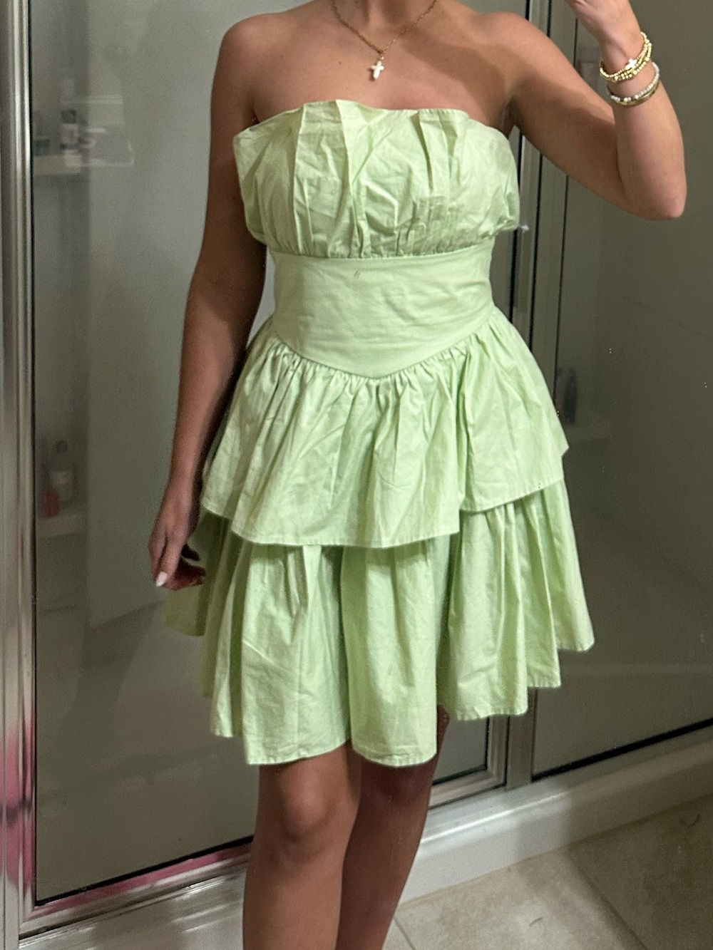 Strapless Tiered Mini Dress in Pastel Green